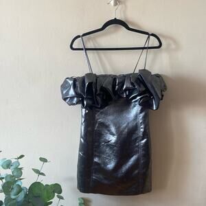 New Zara Voluminous Short Mini Dress Ruffles Metallic Silver Grey Medium Party